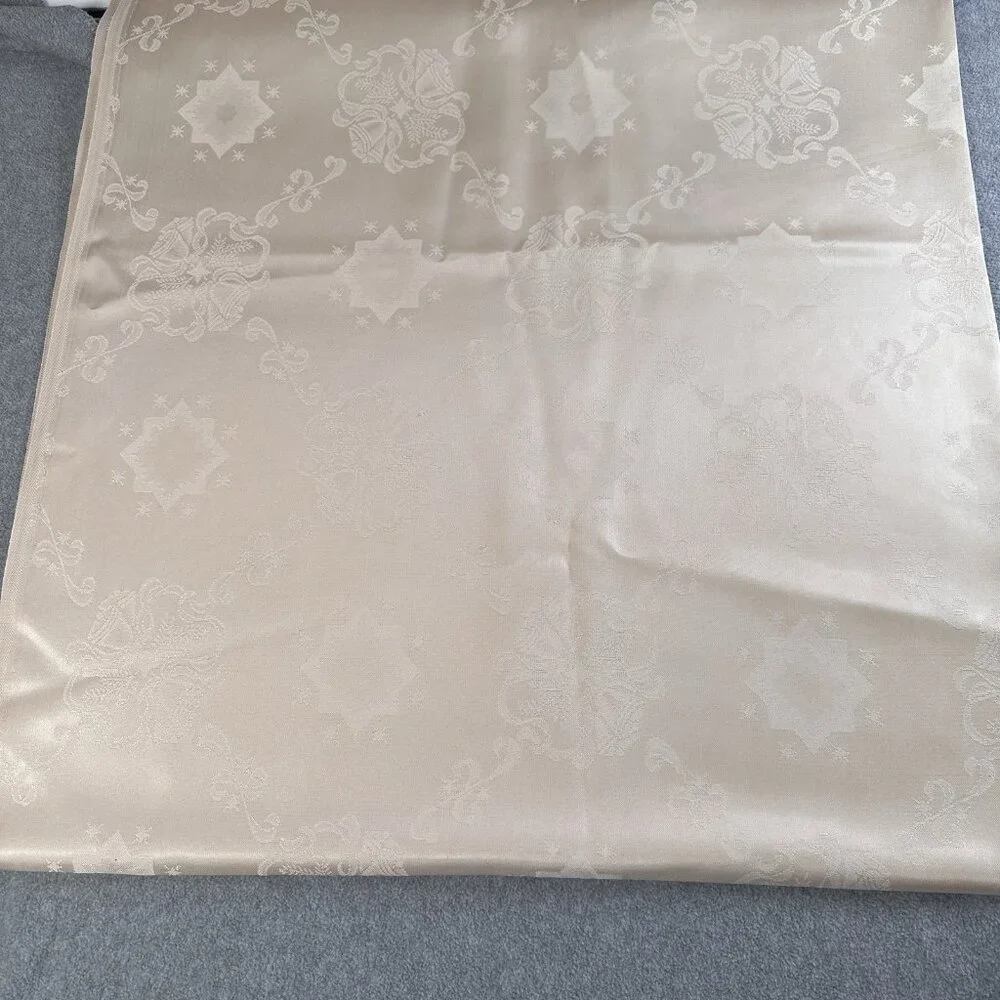 Vintage Cream Satin Damask Tablecloth 70 x 54 Floral Star Pattern